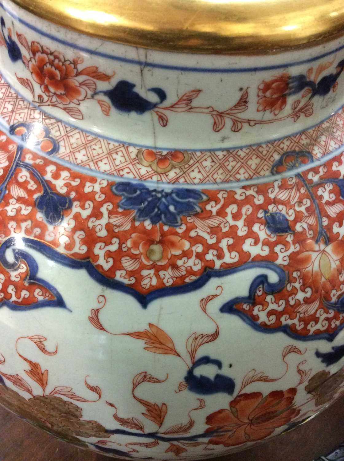 An antique porcelain large baluster jar converted to a table lamp, in imari colors, the white ground - Image 4 of 4