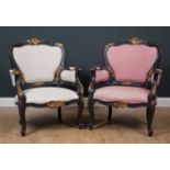 Two similar 18th century French style painted armchairs with parcel gilt ornament and cabriole legs,