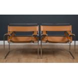 A pair of leather and chrome Wassily chairs after Marcel Breuer, manufactured by Fasem, 76cm wide