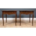 A pair of French style hardwood occasional tables with serpentine edges, single frieze drawers,