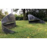 Paul Elliott FWCB, a pair of scrolling benches, galvanized steel, 140cm wide x 140cm deep x 112cm