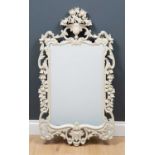 A grey painted contemporary Georgian style wall mirror with fretwork ornament to the frame and