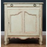 An 18th century French green painted buffet, the single drawer over a cupboard with fitted shelf