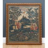 A 17th century woolwork tapestry of a Classical scene, with figures and hunting dogs in a landscape,