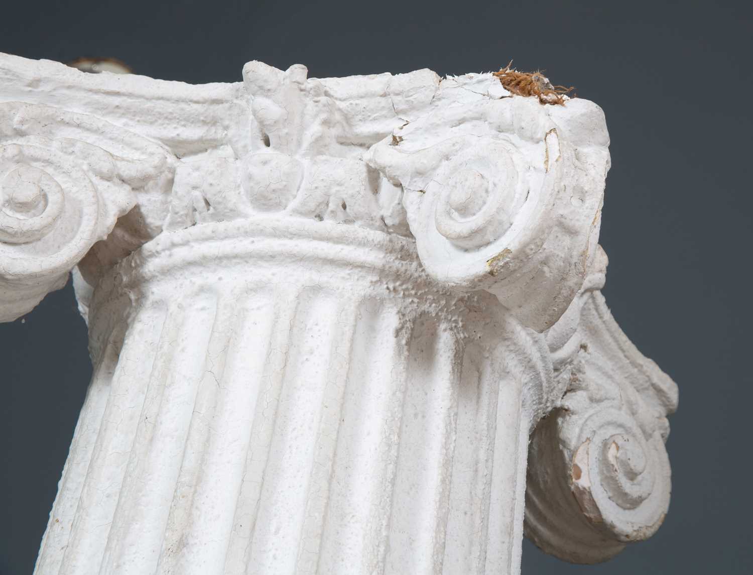 A pair of 19th century white painted tapered fluted plaster columns on plinth bases with Ionic - Image 6 of 7