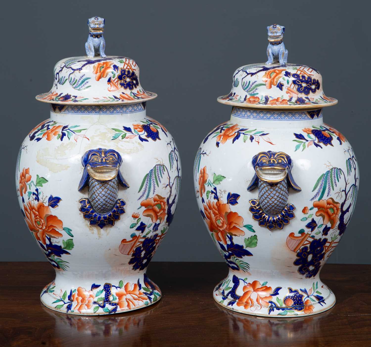 A pair of table lamps set with 19th century 'Stone China' vases and covers, with dolphin masks and - Image 3 of 13