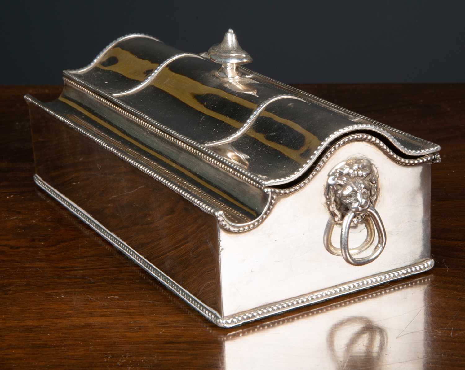 A 19th century silver plated casket form desk stand, containing two cut glass and silver plated - Image 4 of 4