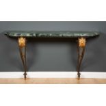 A modern black and green marble-topped console table, the wrought iron base with gilt spheres and