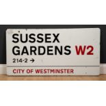 Sussex Gardens 214-2 -> W2, an enamelled City of Westminster original street sign, 106cm wide x 54cm