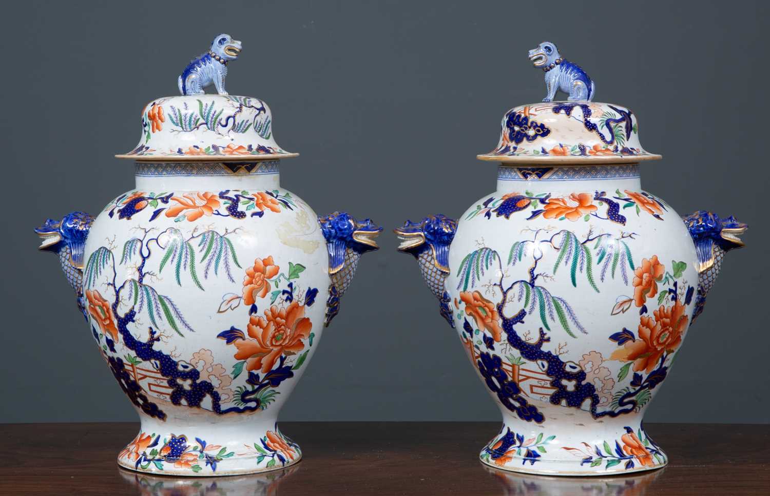 A pair of table lamps set with 19th century 'Stone China' vases and covers, with dolphin masks and - Image 2 of 13