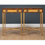 A pair of Georgian style satinwood crossbanded occasional tables, with ebonised edges on four