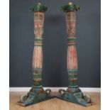 A large Indian painted hardwood swing with two carved columns having exotic bird bases and figural
