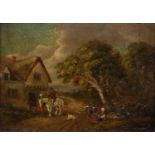 Circle of George Morland (1762-1804) A mounted traveller at an inn, signed with initials 'G.M.', oil