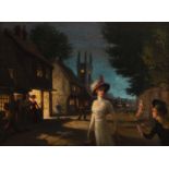 George Robert Leftwich (1846-1929) A busy street at dusk, signed, oil on canvas, 28 x 38cm