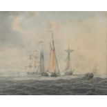 William Anderson (1757-1837) A frigate and fishing boats off the coast, watercolour, 11 x 13.5cm