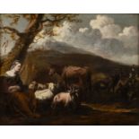 Attributed to Karel du Jardin (c.1626-1678) A shepherdess in a landscape with mule and goats, oil on