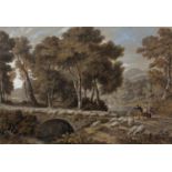 William Delamotte (1775-1863) Shepherd with sheep fording a bridge, signed and dated 1822, pen,