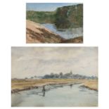 G * Burden River landscape with distant church, signed, watercolour, 26 x 36.5cm, and Bertram