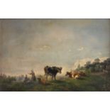 Anthoine Franciscus Dona (1802-1877) Cattle and faggot gatherers on a grassy hilltop, signed, oil on