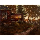 20th century Russian school A country dwelling at dusk, signed in cyrillic, oil on canvas