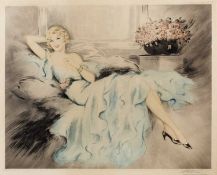 20th century American school An elegant reclining beauty, etching with aquatint, indistinctly pencil