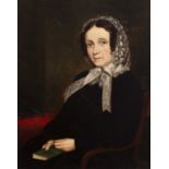 19th century English school Portrait of a seated lady holding spectacles and a book, oil on board,