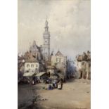 Noel Harry Leaver (1889-1951) A Dutch market square, signed, watercolour, 26 x 17.5cm; and