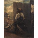 19th century English school A farmhand relieving himself, oil on canvas, 38 x 31cm, unframed