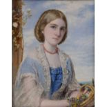 Attributed to Miss Annie Dixon (1819-1901) Portrait of Erica Mildred Robertson wearing a blue dress,