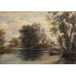 Attributed to David Cox II (1809-1885) River landscape with figure in a punt, bears signature,