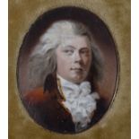 A George III portrait miniature of a gentleman with grey hair wearing white stock and scarlet