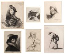 Thomas Worlidge after Rembrandt Self Portrait, etching, 16 x 13cm; and five further similar, varying