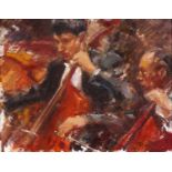 Jonathan Trowell (1938-2013) 'Cellos', signed, oil on board, 19 x 24.5cm With The Mall Galleries