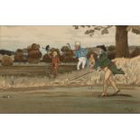 Harry Eliott (1882-1959) Golfing scene, colour lithograph, 21 x 33cm