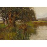 Henry Charles Fox (1855/60-1929) A stroll on the riverbank, signed and dated 1886, oil on board,