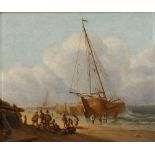 Circle of William Shayer (1788-1879) Fisherfolk with beached sailing vessels off the coast, oil on