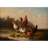 Joseph van Dieghem (1843-1885) Landscape with chickens and cockerel, signed and dated ’78, oil on