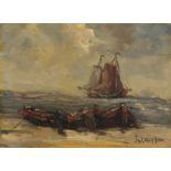 Follower of Hendrik Willem Mesdag (1831-1915) Fisher folk with boats at sea, indistinctly signed,