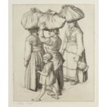 20th century English school Italian women carrying bundles, etching 5th state trial proof, inscribed
