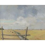 Paul Foy (20th century) Landscape, Moeze with grazing cattle and distant church, signed, oil on