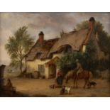 Edmund Bristow (1787-1876) Figures conversing outside a thatched cottage, signed and dated 1853, oil