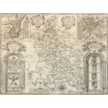John Speed Buckinghamshire, engraving with inset vignette aerial plans of 'Buckingham' and 'Reading'
