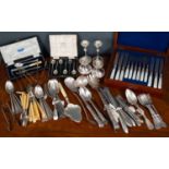 A collection of metalware including a set of six knives and forks with mother of pearl handles (