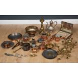 A quantity of metalware, silver plate, copper, Victorian mirror (one mirror plate lacking), a