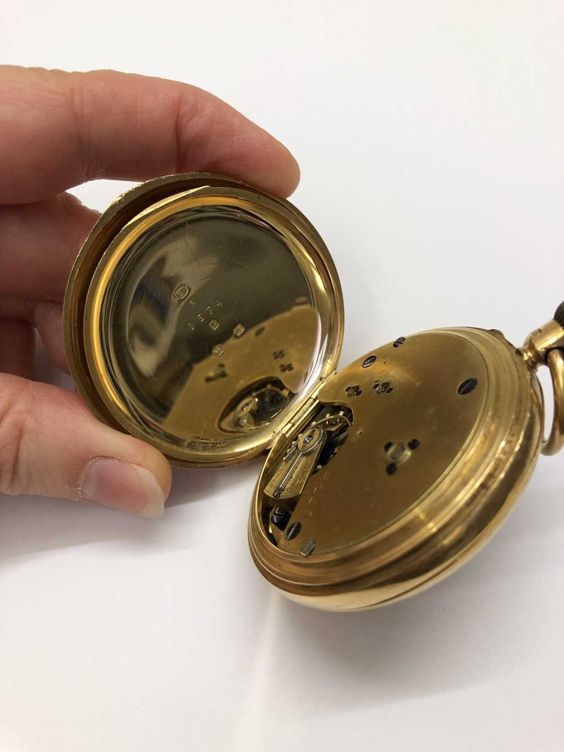 A late Victorian 18ct gold hunter pocket watch, the white dial with Roman numerals and subsidiary - Image 8 of 8