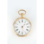 An open face fob watch, the circular white dial with black Roman numerals and outer scale 0-60, to a