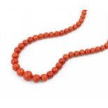 Two coral bead necklaces, the first comprising a single strand of coral corallium rubrum beads,