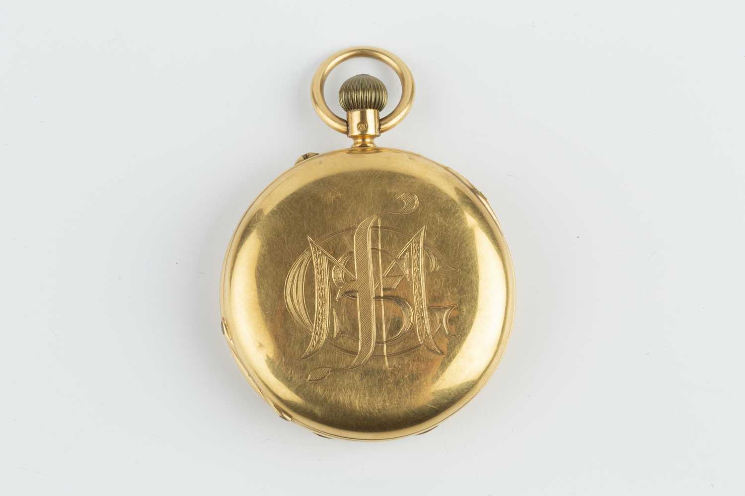 A late Victorian 18ct gold hunter pocket watch, the white dial with Roman numerals and subsidiary - Image 3 of 8