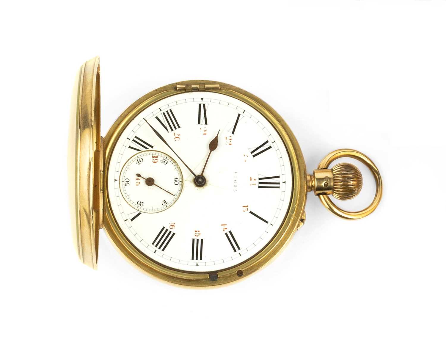 A late Victorian 18ct gold open face pocket watch, the white dial with Roman numerals and subsidiary