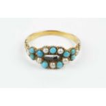 A 19th century turquoise and half pearl panel ring, with floral engraved shoulders, (shank later